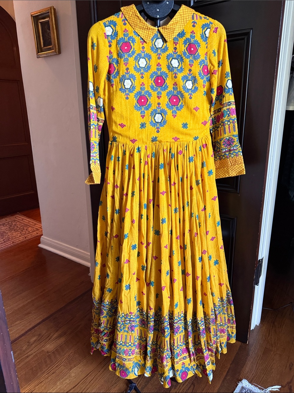 Ritu Kumar Mustard Yellow Floral Maxi Dress with Pink & Teal Embroidery size 2